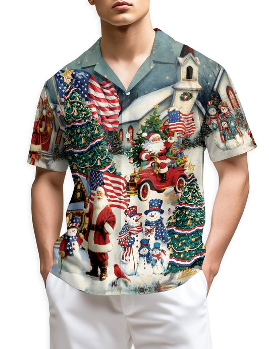 Netecom American Flag Santa Christmas Hawaiian Shirt, Patriotic Holiday Button Down Summer Beach Short Sleeve Shirt, S-5XL