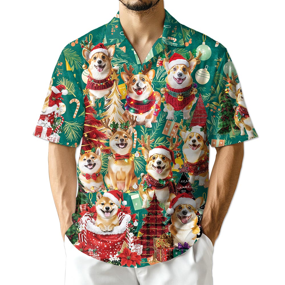 Netecom Christmas Corgi Hawaiian Shirt for Men Women, Cute Dog Lover Holiday Aloha Button Down Short Sleeve Shirt, S-5XL