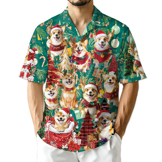 Netecom Christmas Corgi Hawaiian Shirt for Men Women, Cute Dog Lover Holiday Aloha Button Down Short Sleeve Shirt, S-5XL