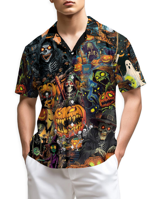 Netecom Spooky Skeleton Halloween Hawaiian Shirt for Men, Pumpkin Ghost Button Down Summer Beach Short Sleeve Shirts, S-5XL