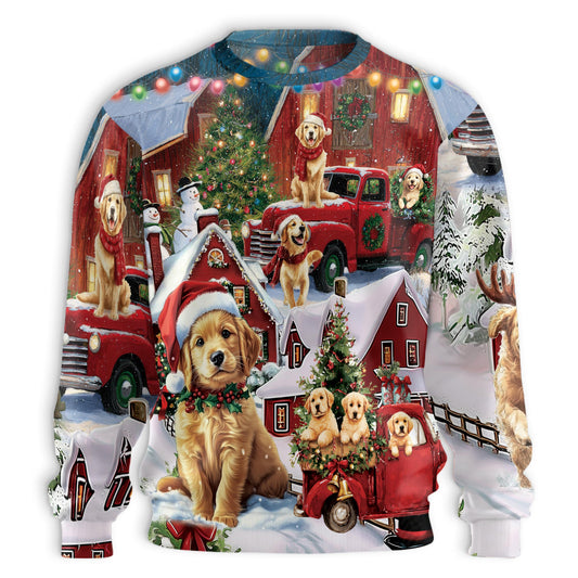 Netecom Golden Retriever Christmas Sweatshirt 3D All Over Print, Dog in Red Truck Design, Crewneck Pullover for Costume Party