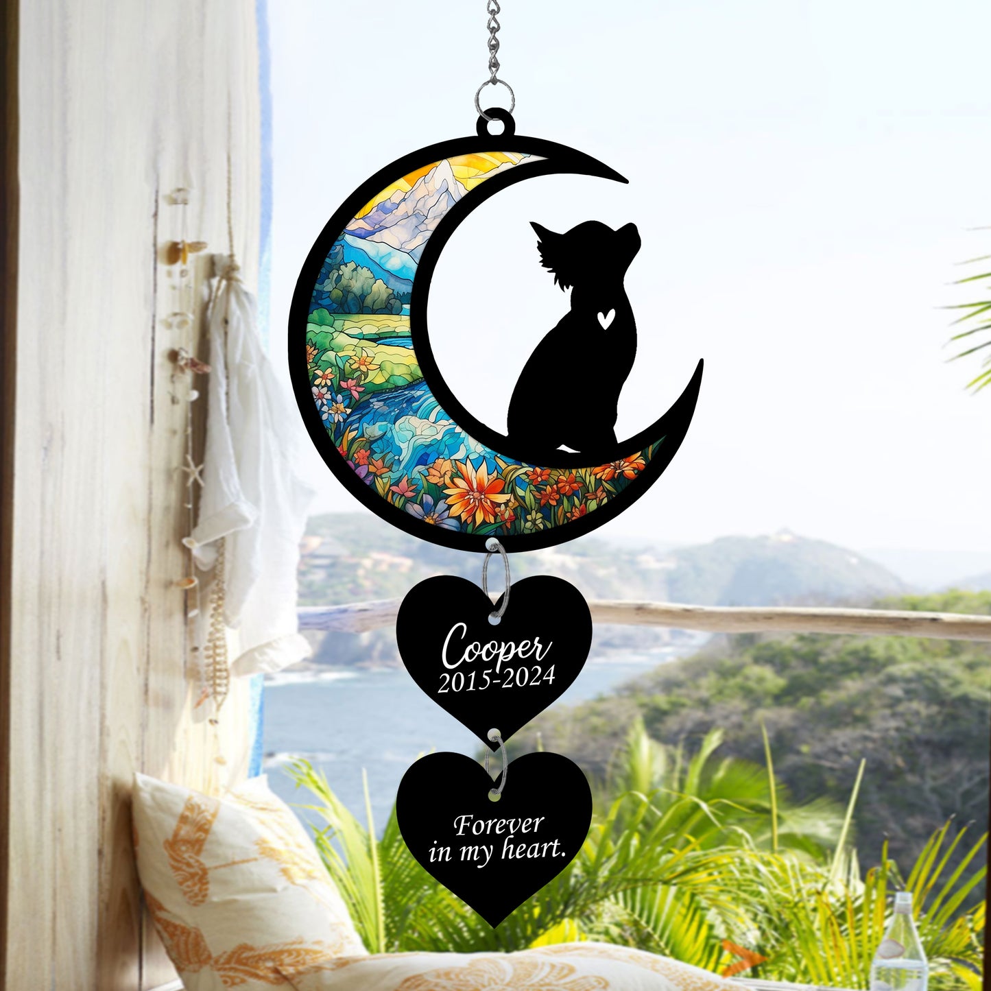Netecom Personalized Chihuahua Moon Heart Memorial Suncatcher – Pet Loss Sympathy Gift, Dog Remembrance Ornament