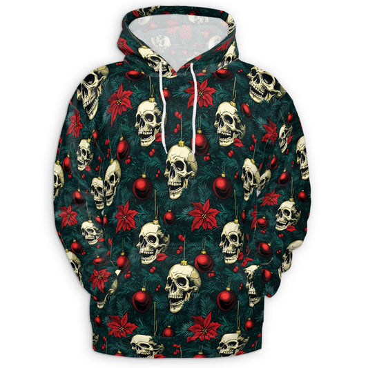 Netecom Skull Christmas Print Hoodie with Front Pocket, All Over Gothic Holiday Ornament Graphic Sweatshirt Unisex Casual