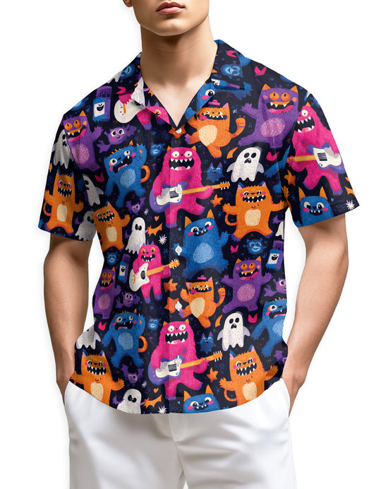 Netecom Cute Monster Art Hawaiian Shirt for Men Women, Cartoon Button Down Summer Aloha Beach Short Sleeve Shirts