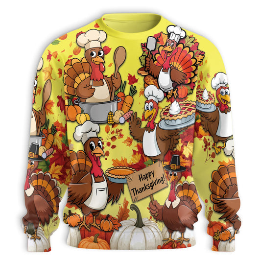 Netecom Thanksgiving Turkey Chef Sweatshirt 3D All Over Print – Unisex Crewneck Pullover, Lightweight Fleece Casual Outfit