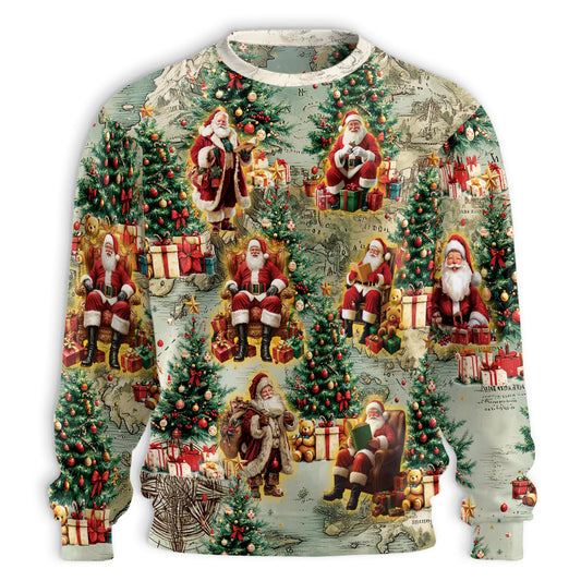 Netecom Santa Clause Christmas Sweatshirt 3D All Over Print , Vintage Holiday Map, Crewneck Pullover for Costume Party