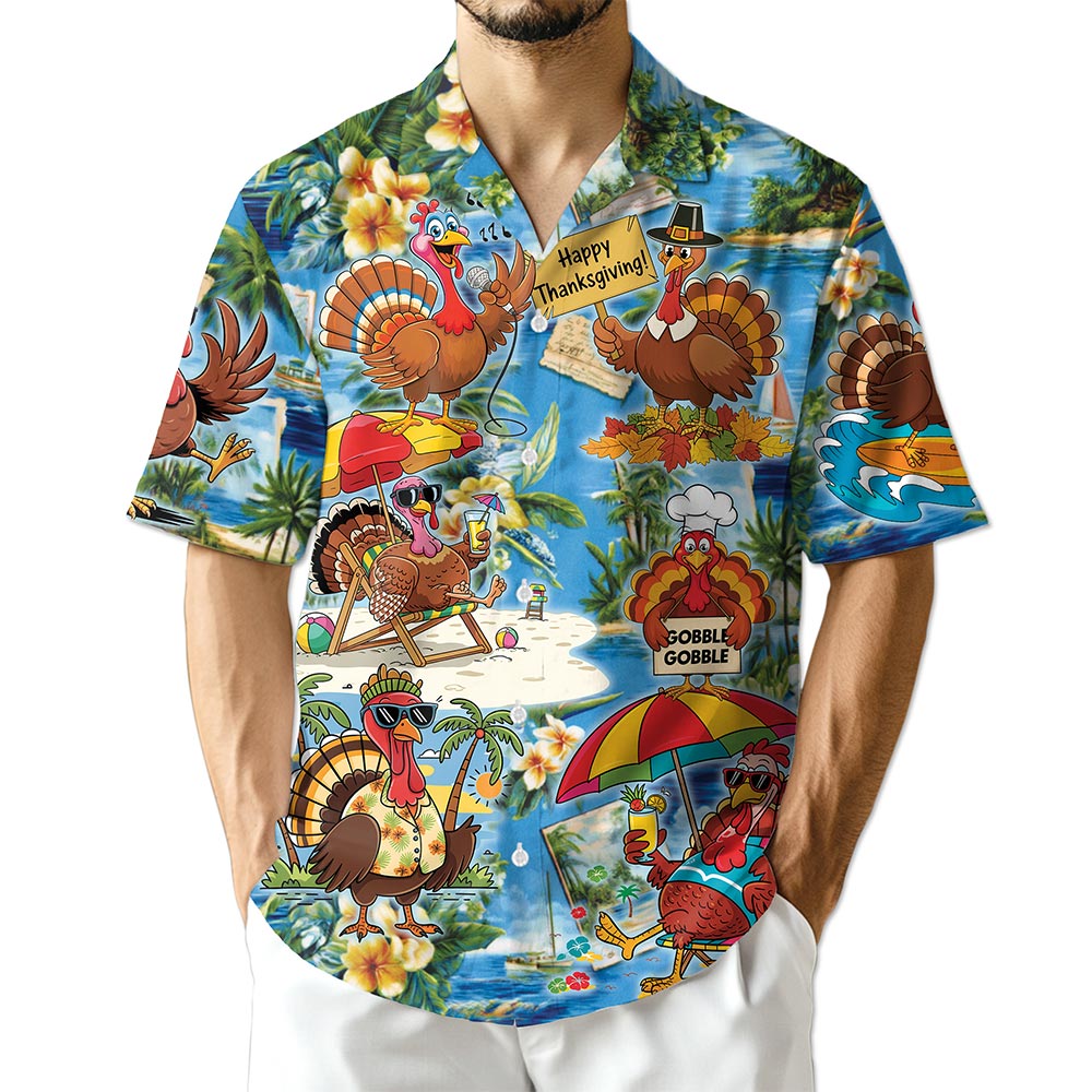 Netecom Turkey Happy Thanksgiving Hawaiian Shirt for Men Women, Funny Turkey Button Down Summer Beach Shirts, S-5XL