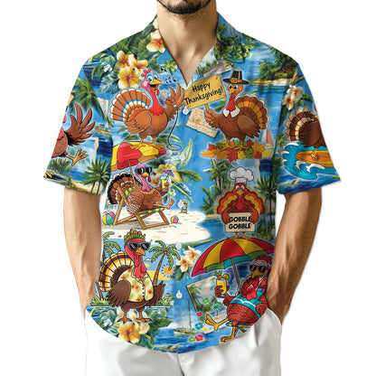 Netecom Turkey Happy Thanksgiving Hawaiian Shirt for Men Women, Funny Turkey Button Down Summer Beach Shirts, S-5XL