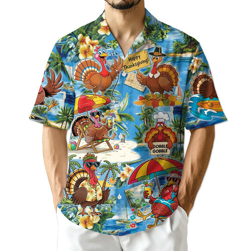 Netecom Turkey Happy Thanksgiving Hawaiian Shirt for Men Women, Funny Turkey Button Down Summer Beach Shirts, S-5XL