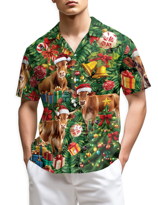 Netecom Christmas Cow Hawaiian Shirt for Men, Santa Hat Farm Animal Holiday Button Down Summer Beach Short Sleeve Shirt, S-5XL