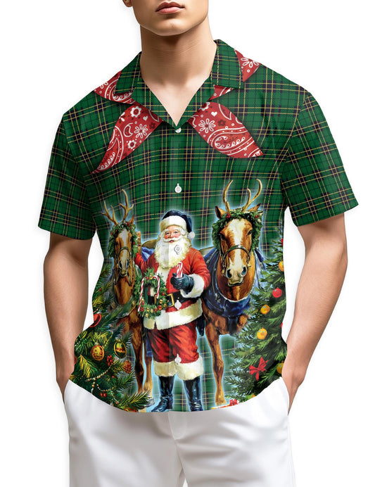 Netecom Santa Claus Cowboy Christmas Plaid Pattern Hawaiian Shirt, Western Christmas Reindeer Wreath Button Down Shirt, S-5XL