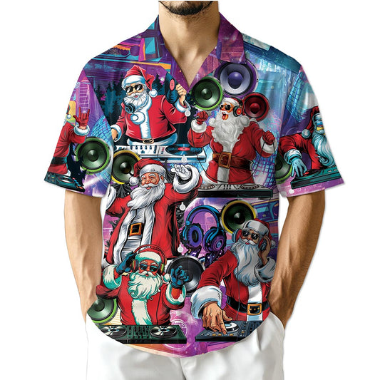 Netecom DJ Santa Claus Christmas Hawaiian Shirt, Music Party Holiday Print Button Down Summer Beach Short Sleeve Shirt, S-5XL