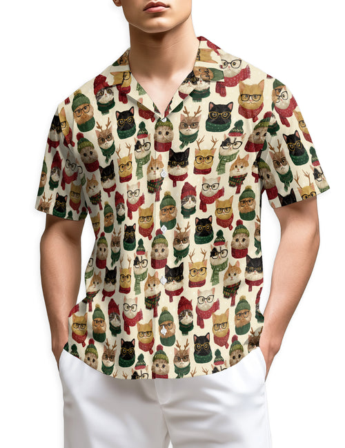 Netecom Christmas Cat Pattern Hawaiian Shirt, Cute Kitten in Glasses and Scarves Button Down Winter Holiday Beach Shirt