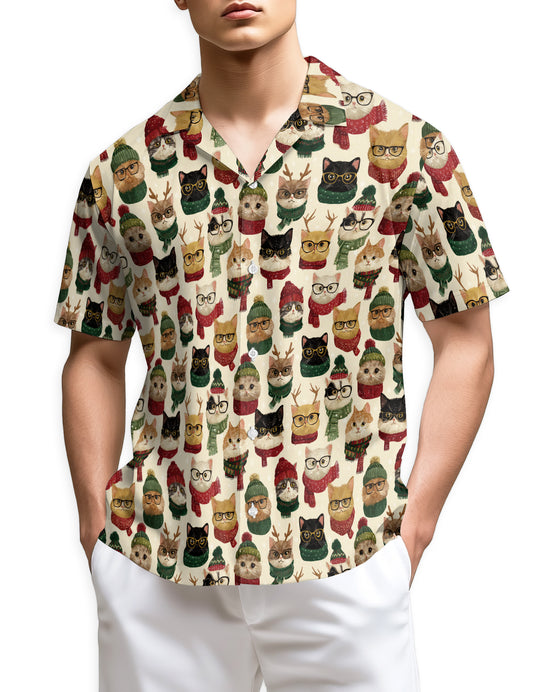 Netecom Christmas Cat Pattern Hawaiian Shirt, Cute Kitten in Glasses and Scarves Button Down Winter Holiday Beach Shirt
