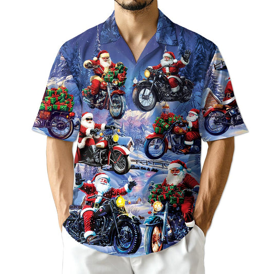 Netecom Santa Claus Riding Motorcycle Hawaiian Shirt for Men, Funny Christmas Biker Button Down Summer Beach Shirt, S-5XL