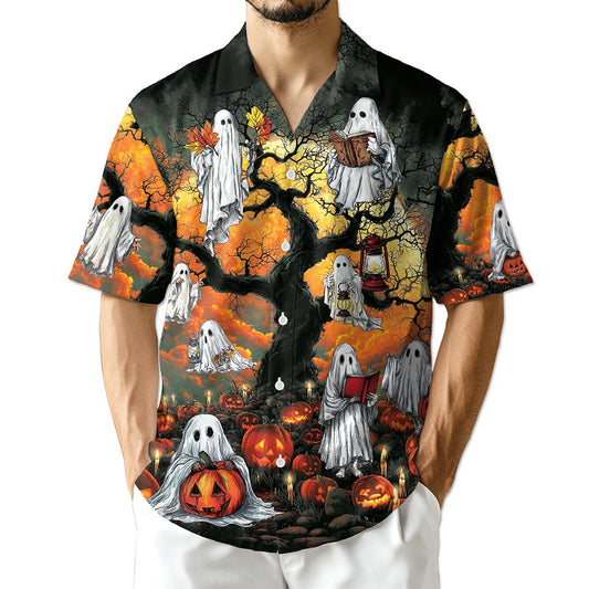 Netecom Ghost Halloween Hawaiian Shirt for Men, Halloween Present, Pumpkins Button Down Summer Beach Shirts, S-5XL