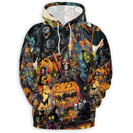Netecom Spooky Skeleton Halloween 3D Hoodie with Front Pocket, Unisex Casual All Over Pumpkin Graphic Sweatshirt