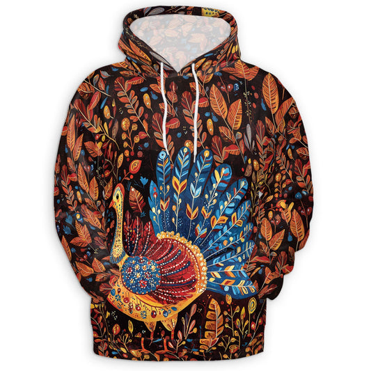 Netecom Folk Art Turkey Thanksgiving Print Hoodie with Front Pocket, All Over Graphic Sweatshirt Unisex Casual