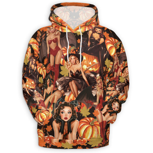 Netecom Pinup Girl 3D Print Hoodie with Front Pocket, All Over Graphic Halloween Sweatshirt Unisex Casual