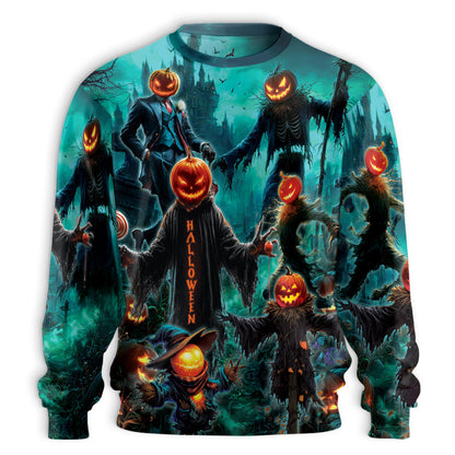 Netecom Halloween Pumpkin Scarecrow Sweatshirt 3D All Over Print, Haunted House Design, Crewneck Pullover for Costume Party