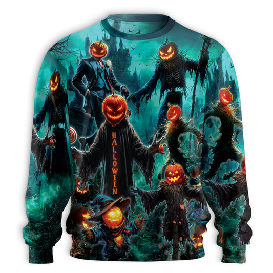 Netecom Halloween Pumpkin Scarecrow Sweatshirt 3D All Over Print, Haunted House Design, Crewneck Pullover for Costume Party