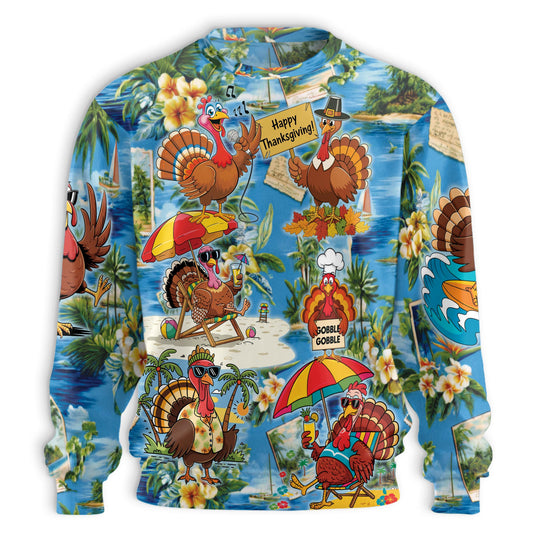 Netecom Thanksgiving Turkey Sweatshirt 3D All Over Print, Funny Hawaiian Beach Design, Crewneck Pullover for Costume Party