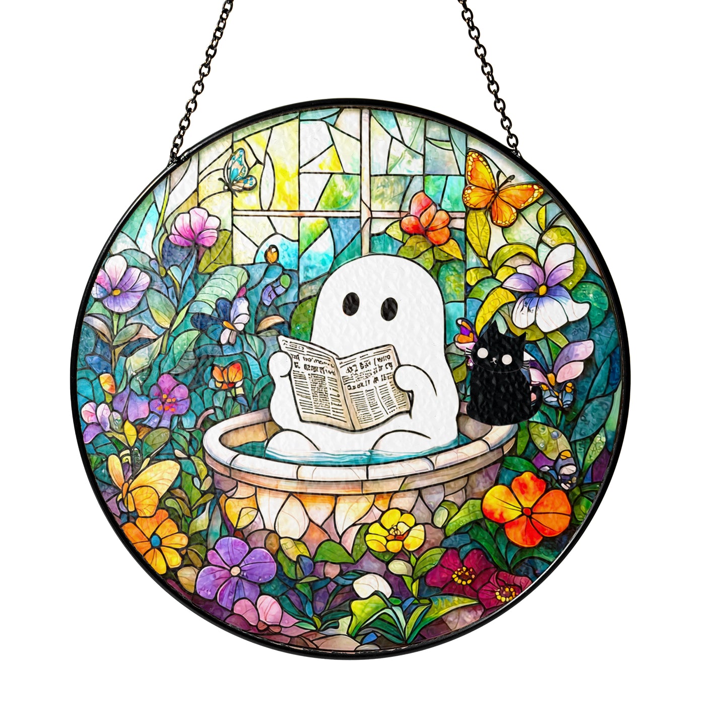 Netecom Ghost in Bathtub Stained Glass Sun Catcher – Whimsical Window Hanging, Perfect Gift for Fun Decor Lovers
