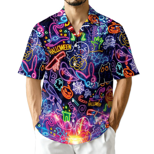 Netecom Neon Hawaiian Shirt for Men, Halloween Present, Skull Ghost Button Down Summer Beach Short Sleeve Shirts, S-5XL