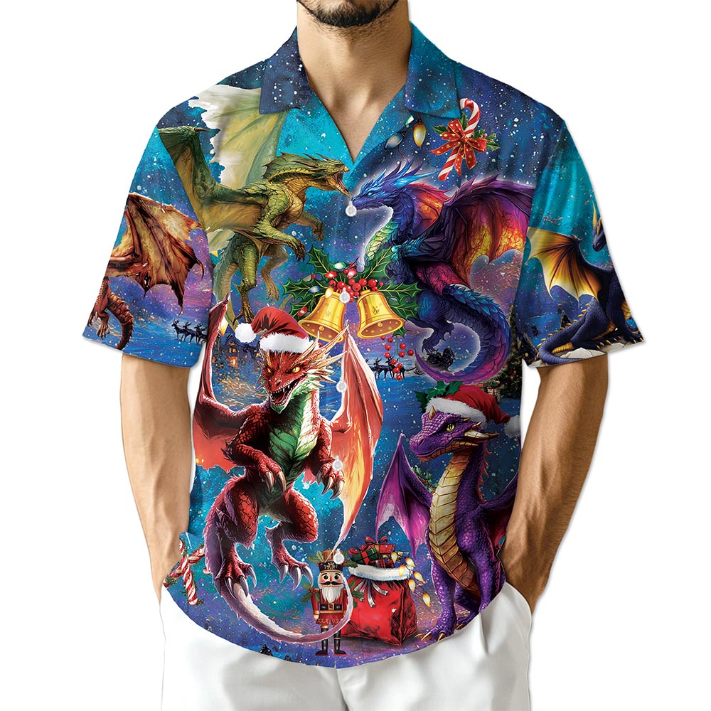 Netecom Christmas Dragon Hawaiian Shirt, Fantasy Holiday Fire Dragon Button Down Summer Beach Short Sleeve Shirt, S-5XL