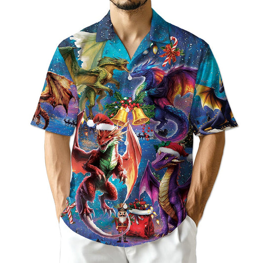Netecom Christmas Dragon Hawaiian Shirt, Fantasy Holiday Fire Dragon Button Down Summer Beach Short Sleeve Shirt, S-5XL