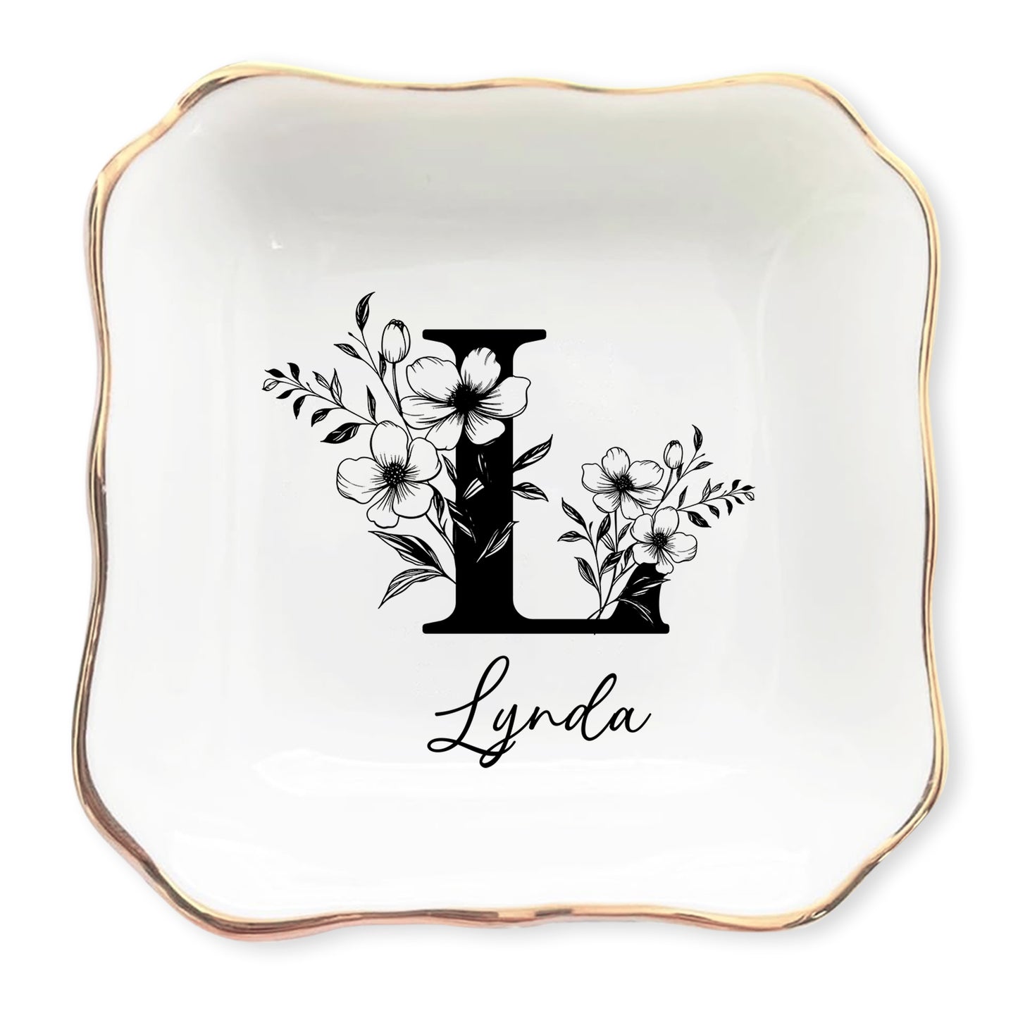 Netecom Personalized Floral Jewelry Dish with Custom Letter and Name, Elegant Ceramic Tray for Birthdays and Home Decor