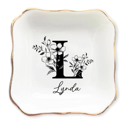 Netecom Personalized Floral Jewelry Dish with Custom Letter and Name, Elegant Ceramic Tray for Birthdays and Home Decor