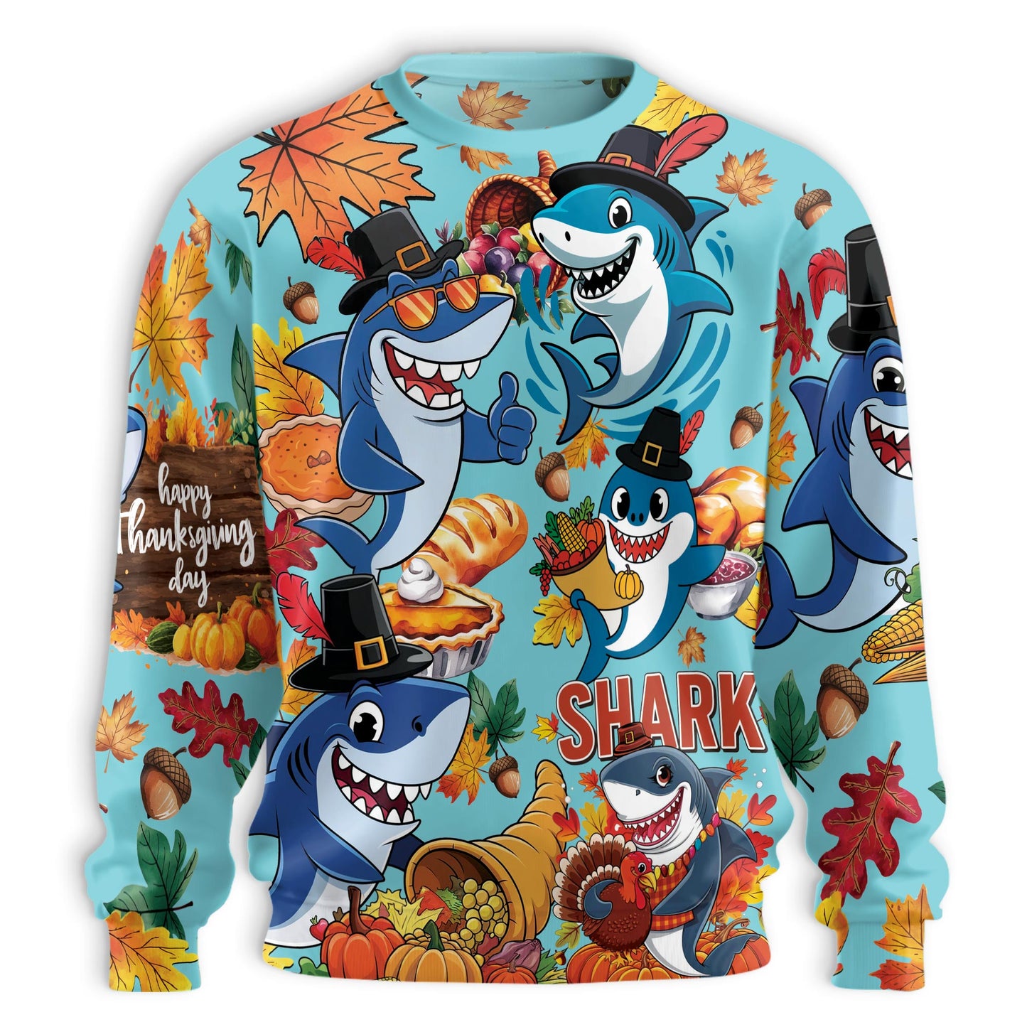 Netecom Thanksgiving Shark Sweatshirt 3D All Over Print, Funny Holiday Autumn Design, Crewneck Pullover for Costume Party
