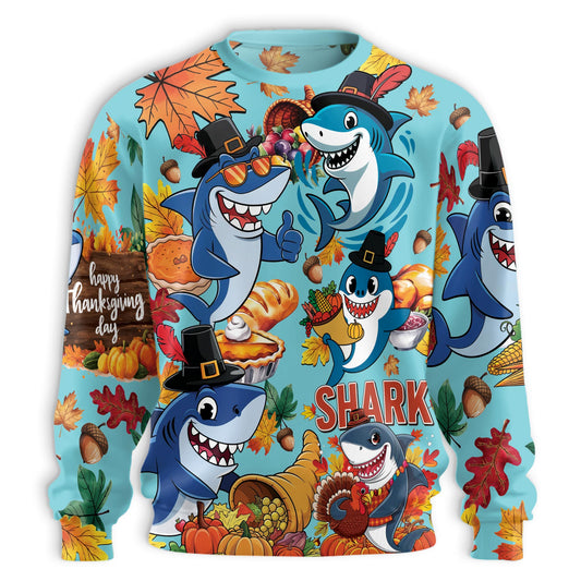 Netecom Thanksgiving Shark Sweatshirt 3D All Over Print, Funny Holiday Autumn Design, Crewneck Pullover for Costume Party