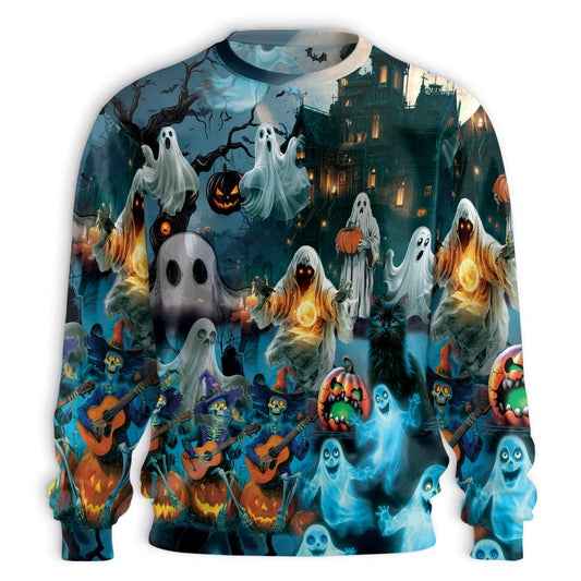 Netecom Halloween Ghost Sweatshirt 3D All Over Print, Haunted House Spooky Design, Crewneck Pullover for Costume Party
