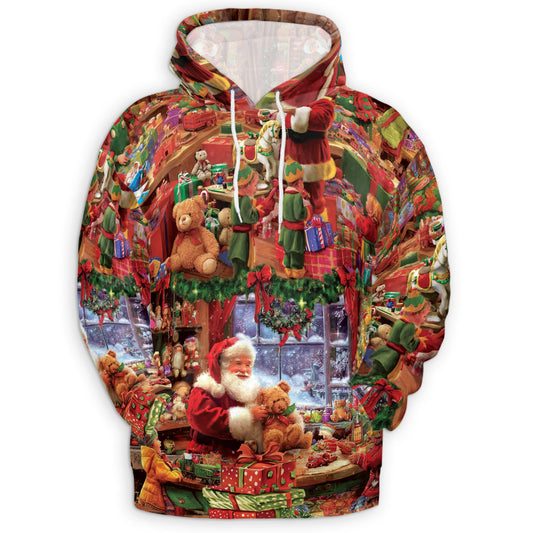 Netecom Santa Claus Workshop Print Hoodie with Front Pocket, All Over Festive Christmas Graphic Sweatshirt Unisex Casual
