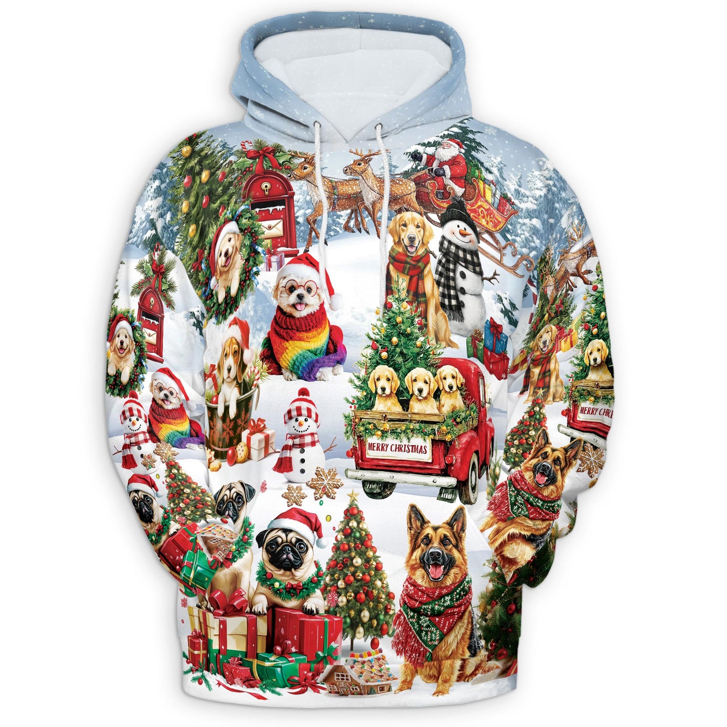 Netecom Christmas Dogs Print Hoodie with Front Pocket, All Over Cute Pet Holiday Graphic Sweatshirt Unisex Casual
