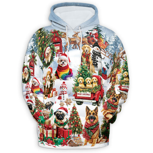 Netecom Christmas Dogs Print Hoodie with Front Pocket, All Over Cute Pet Holiday Graphic Sweatshirt Unisex Casual