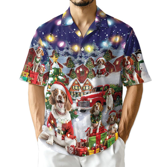 Netecom Brittany Spaniel Christmas Hawaiian Shirt for Men, Festive Dog Holiday Print Button Down Summer Beach Shirt, S-5XL