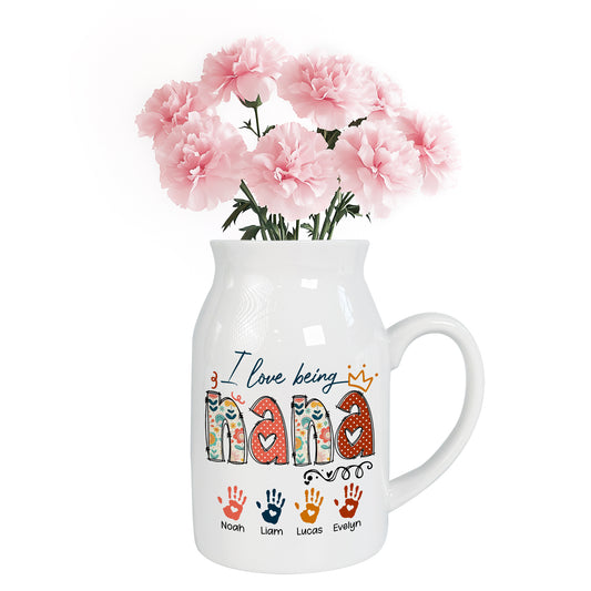 Netecom Personalized I Love Being NANA Ceramic Mug , Custom Grandkids Names and Handprints Coffee Cup , Unique Christmas or Mother's Day Gift for Grandma