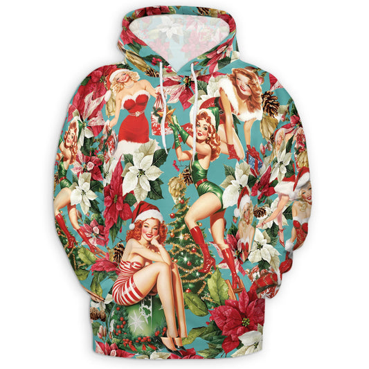 Netecom Christmas Pinup Girl 3D Hoodie with Front Pocket, Unisex Casual All Over Vintage Holiday Graphic Sweatshirt