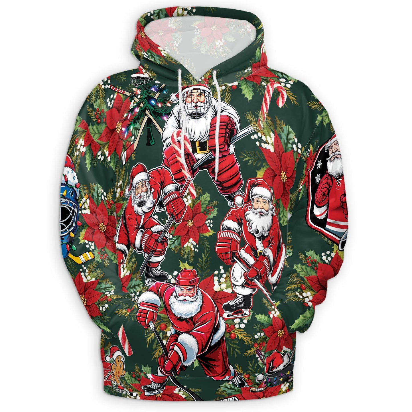 Netecom Santa Claus Hockey Print Hoodie with Front Pocket, All Over Funny Christmas Sports Graphic Sweatshirt Unisex Casual