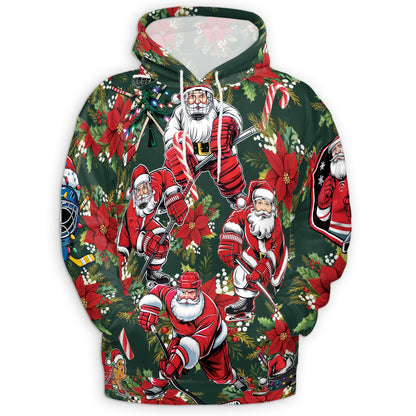 Netecom Santa Claus Hockey Print Hoodie with Front Pocket, All Over Funny Christmas Sports Graphic Sweatshirt Unisex Casual