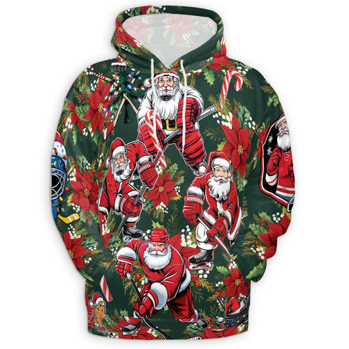 Netecom Santa Claus Hockey Print Hoodie with Front Pocket, All Over Funny Christmas Sports Graphic Sweatshirt Unisex Casual