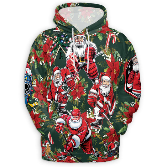 Netecom Santa Claus Hockey Print Hoodie with Front Pocket, All Over Funny Christmas Sports Graphic Sweatshirt Unisex Casual