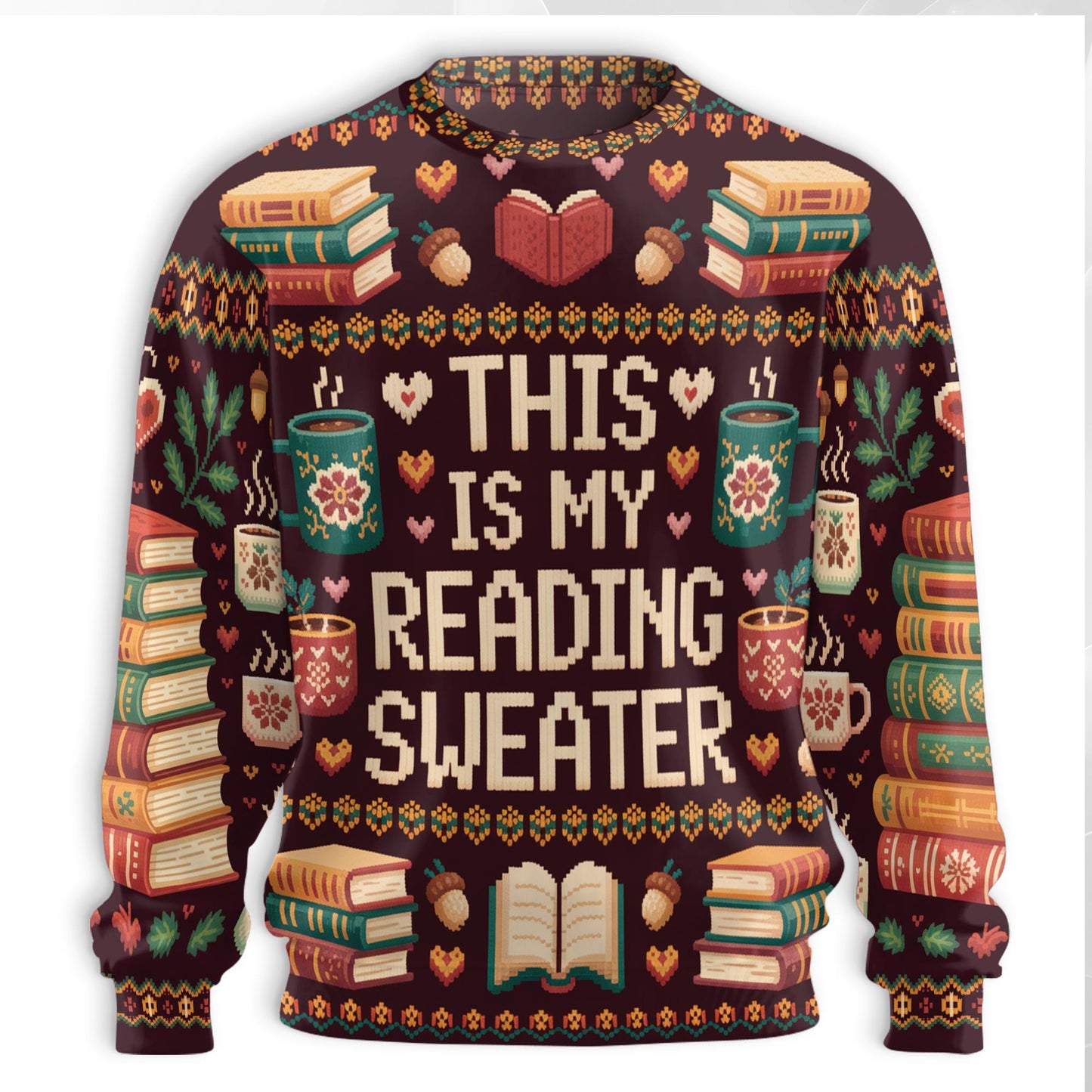 Netecom Retro Ugly Christmas Book Coffee Sweatshirt 3D All Over Print, Literary Gift Idea, Crewneck Pullover for Costume Party