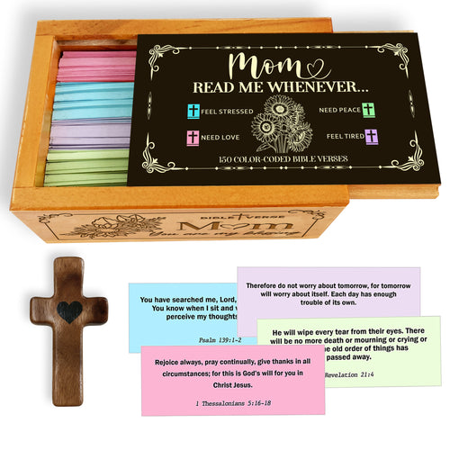 Mom Bible Verses Wooden Box with Walnut Cross – 150 Color-Coded Christian Scriptures for Peace, Love, Strength & Encouragement – Perfect Gift for Mothers