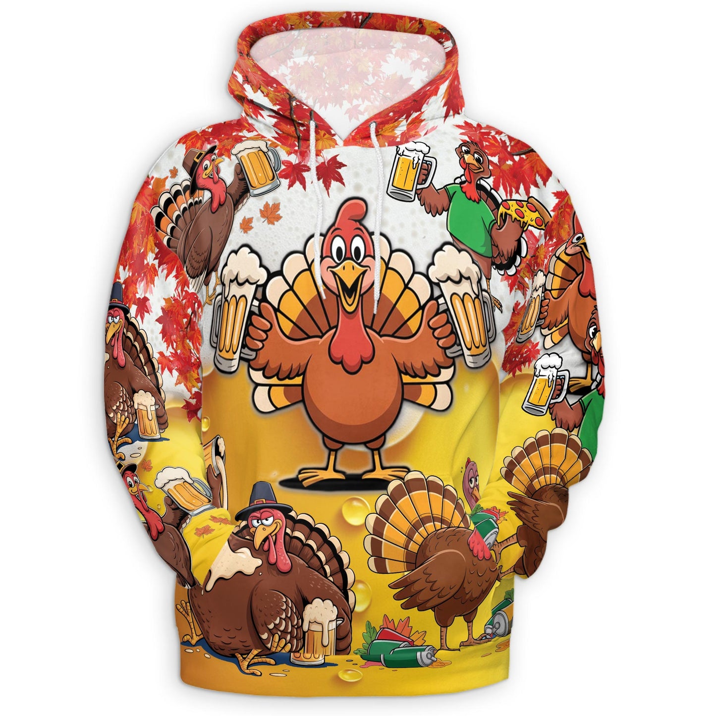 Netecom Funny Drunk Turkey Thanksgiving 3D Hoodie with Front Pocket, Unisex Casual All Over Graphic Sweatshirt