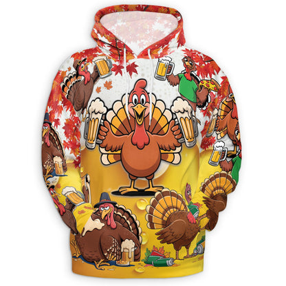 Netecom Funny Drunk Turkey Thanksgiving 3D Hoodie with Front Pocket, Unisex Casual All Over Graphic Sweatshirt