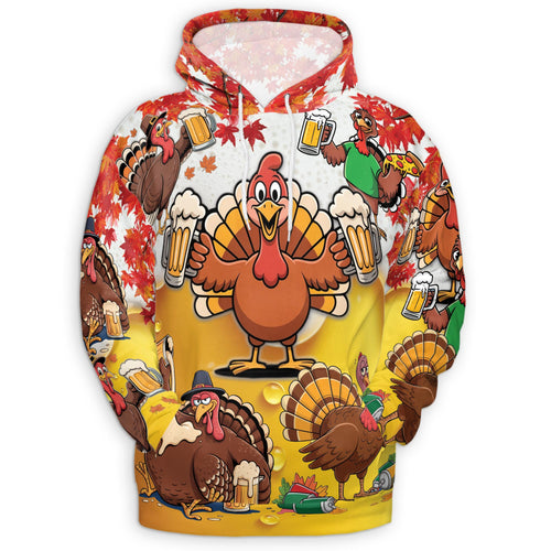 Netecom Funny Drunk Turkey Thanksgiving 3D Hoodie with Front Pocket, Unisex Casual All Over Graphic Sweatshirt